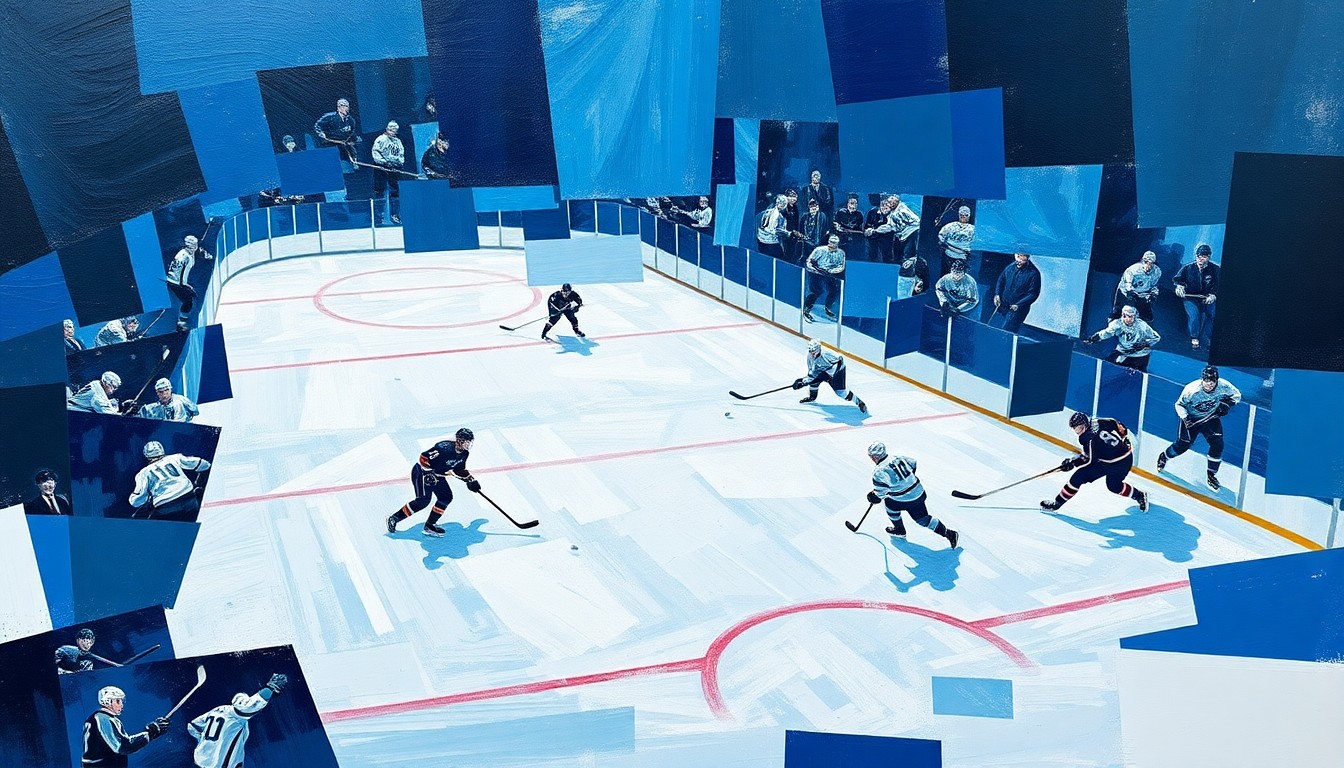 A cubist, geometric painting depicting the chaotic action of a hockey game, with players' bodies and equipment broken down into sharp, overlapping planes of blue, white, and silver, conveying the intensity and drama of the Canadiens' decisive scoring outburst against the Islanders.