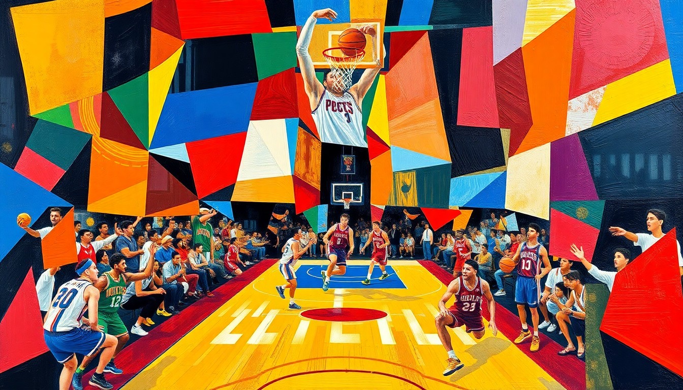 A cubist-inspired painting featuring overlapping geometric shapes in the Pistons' blue and red colors, capturing the energy and movement of a basketball game.