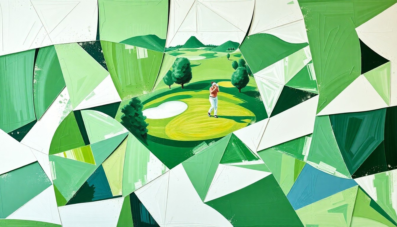 A fractured, geometric painting in shades of green, white, and blue, representing the overlapping perspectives and movements of a women's golf tournament.