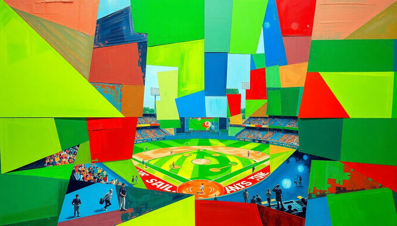 A cubist, geometric painting depicting a high school baseball game broken down into overlapping planes of bright colors, representing the competitive nature of the district title race.