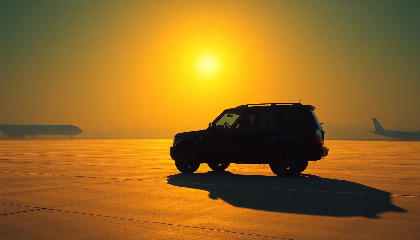 A realistic painting of a lone black SUV parked on the tarmac of a military airbase, with the vehicle bathed in warm, diagonal sunlight and deep shadows, creating a cinematic, nostalgic mood.