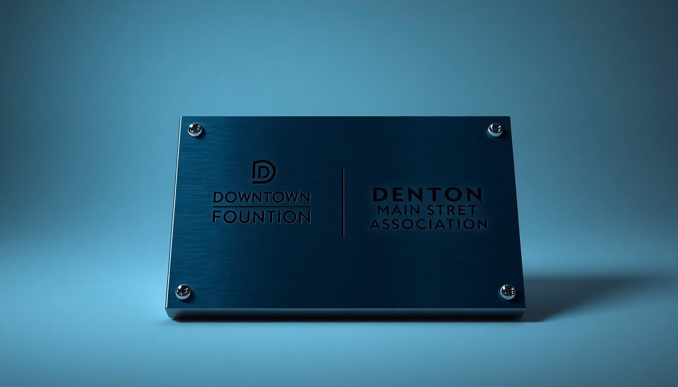A high-end, photorealistic studio still-life photograph featuring a polished metal plaque with the logos of two organizations, conceptually representing their strategic merger to support downtown Denton.