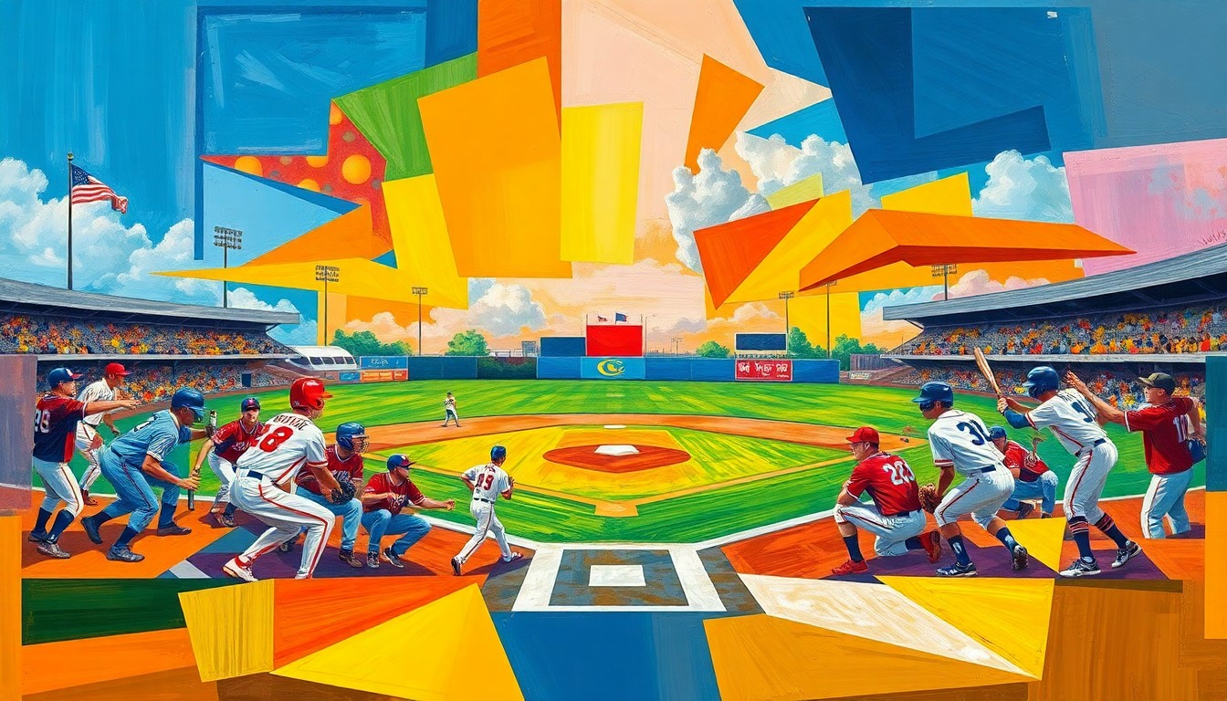 A fragmented, cubist-style painting depicting a high school baseball game, with players and equipment broken down into sharp, overlapping geometric shapes and planes in the team's official colors.