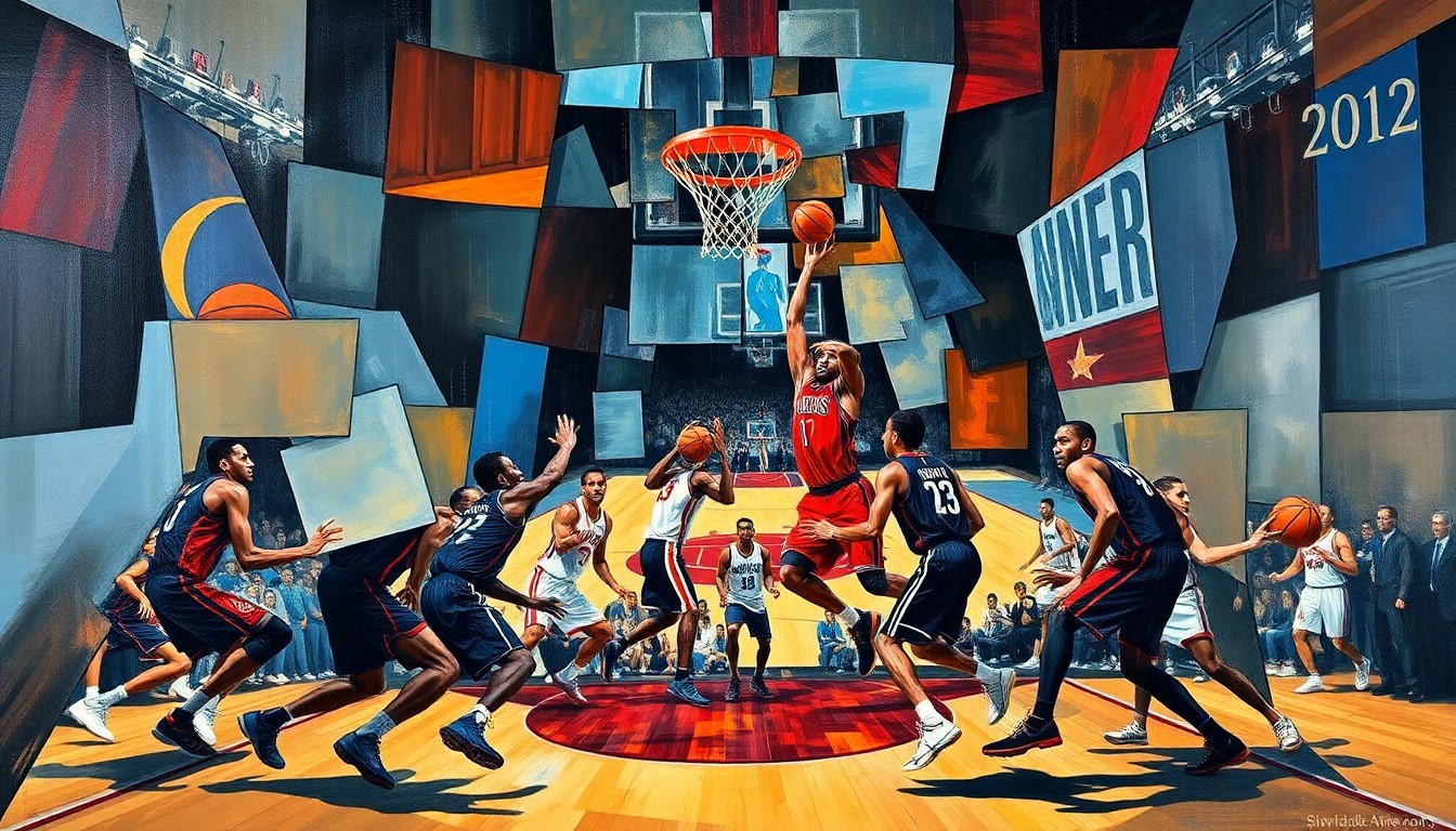 A cubist, geometric painting depicting the dynamic action of a basketball game, with players' figures broken down into abstract shapes and forms in vibrant colors, capturing the competitive spirit of the NBA All-Star Game.