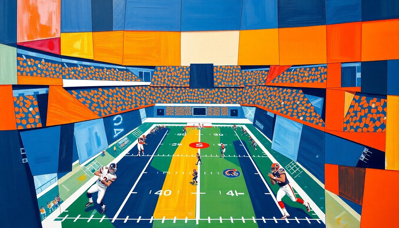 A cubist, geometric painting depicting fragmented football players and action, rendered in the official colors of the Chicago Bears - navy blue, orange, and white. The abstract composition captures the energy and intensity of the sport.