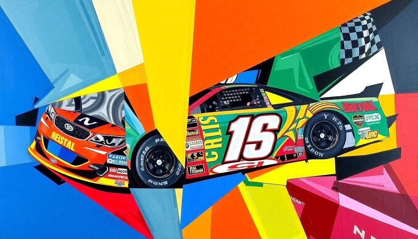 A fractured, multi-perspective painting depicting the Bristol NASCAR race, with sharp geometric planes in vibrant colors representing the top finishers' cars and the dynamic action on the track.
