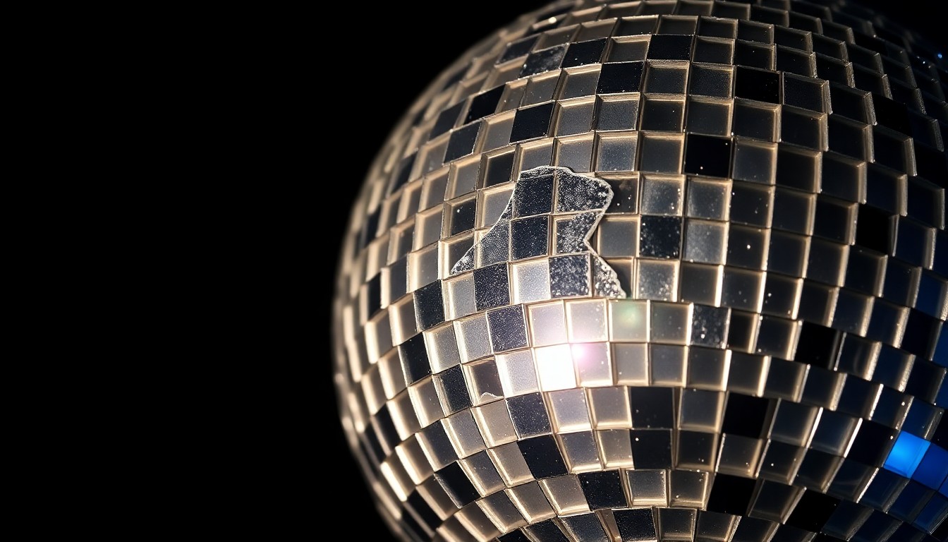 An extreme close-up photograph of a cracked, glittering disco ball, capturing the high-contrast, high-fashion aesthetic of the entertainment industry in a time of uncertainty.