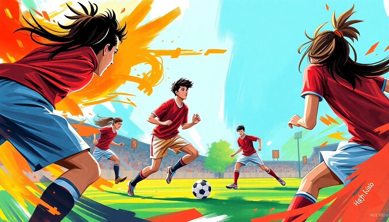 A dynamic, abstract illustration using bold, sweeping brushstrokes and a vibrant color palette to capture the energy and excitement of a high school soccer championship.