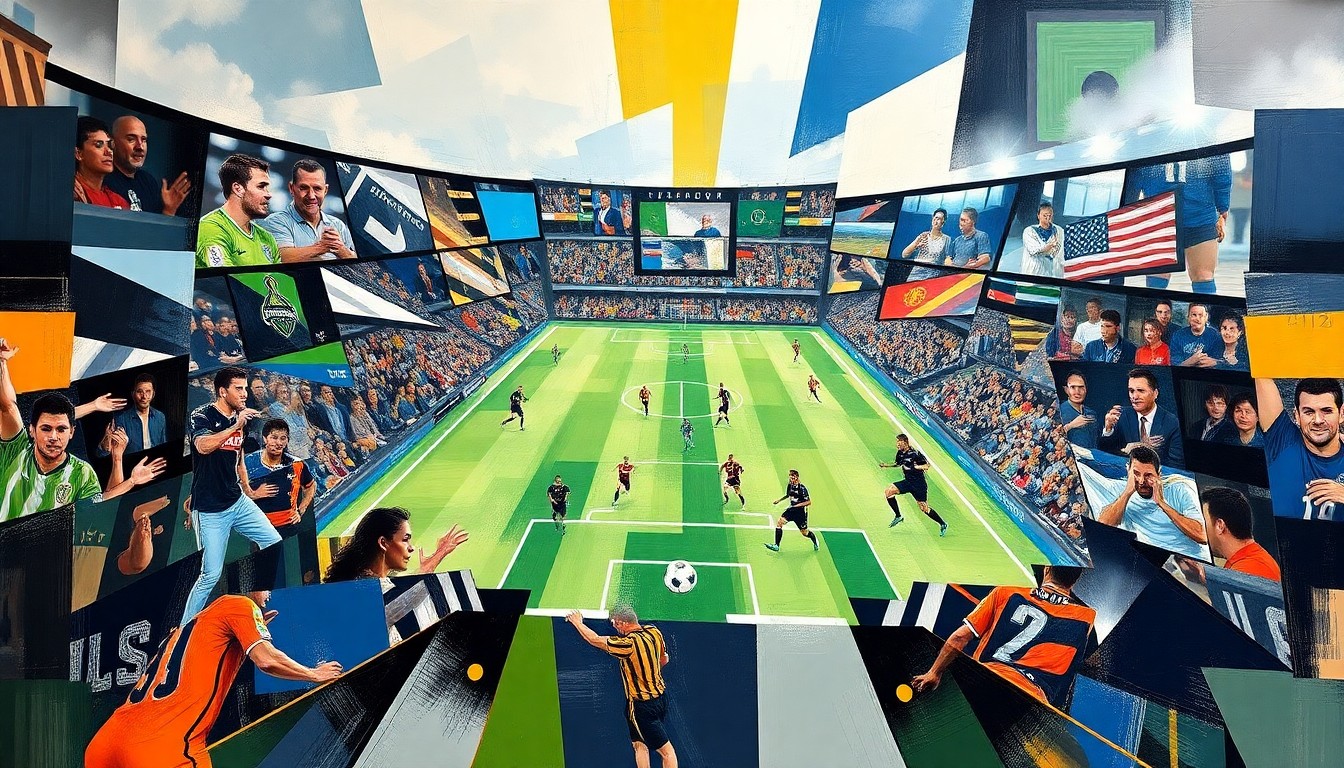 A fractured, multi-perspective painting in the style of Pablo Picasso, depicting the intense action of a soccer match between the Seattle Sounders and Houston Dynamo. The players and the ball are deconstructed into sharp, overlapping geometric shapes and planes, capturing the raw energy and drama of the game.