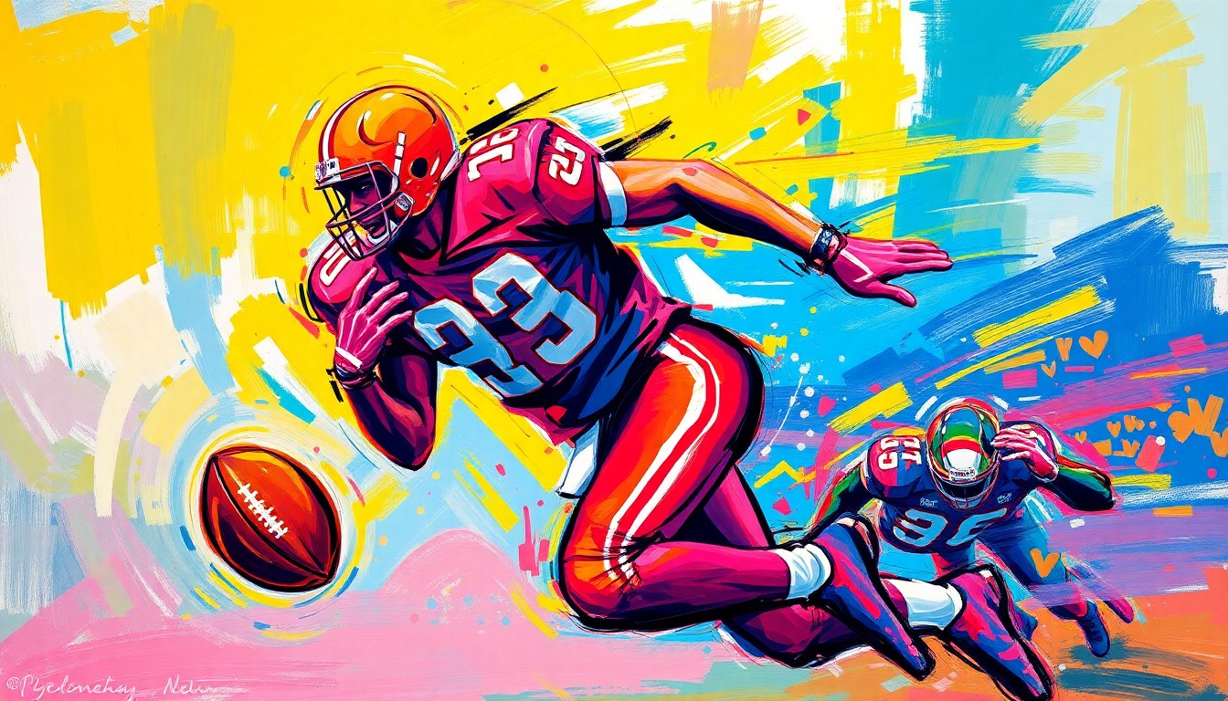 An abstract, expressionist painting in vibrant neon colors depicting a dynamic, energetic football player in mid-motion, with bold brushstrokes that capture the raw athleticism and movement of the sport.