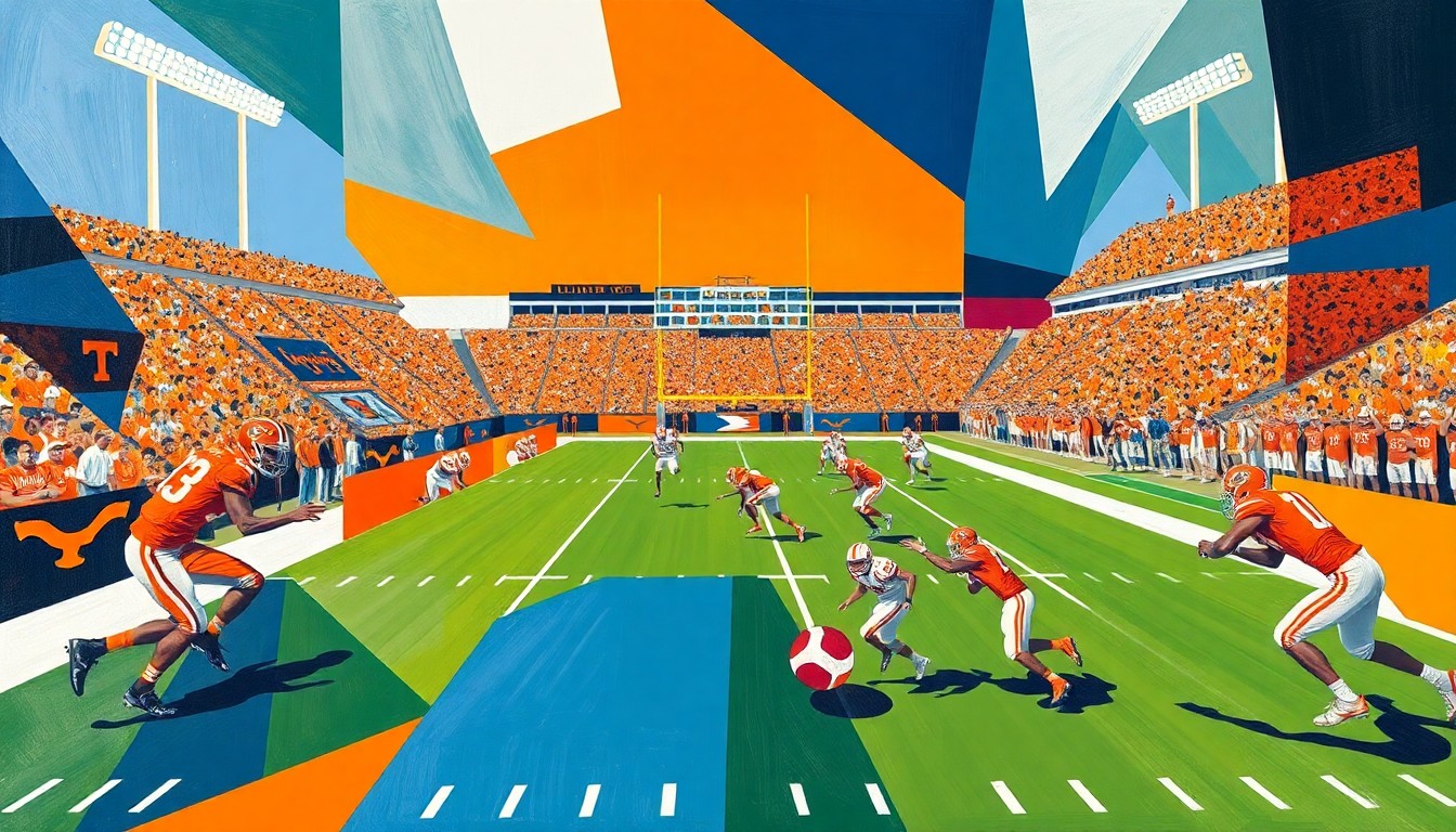 A fractured, multi-perspective painting in bold, vibrant colors depicting the final seconds of a football game, with players, ball, and field broken down into sharp, overlapping geometric shapes and planes, conveying the tension and drama of the game-winning kick.