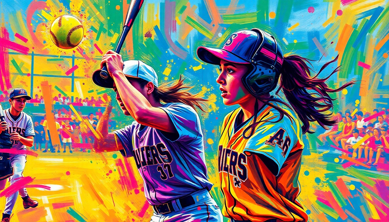 An abstract expressionist painting in neon colors, with rapid brushstrokes and blurred figures representing the competitive spirit and raw athleticism of a high school softball game.