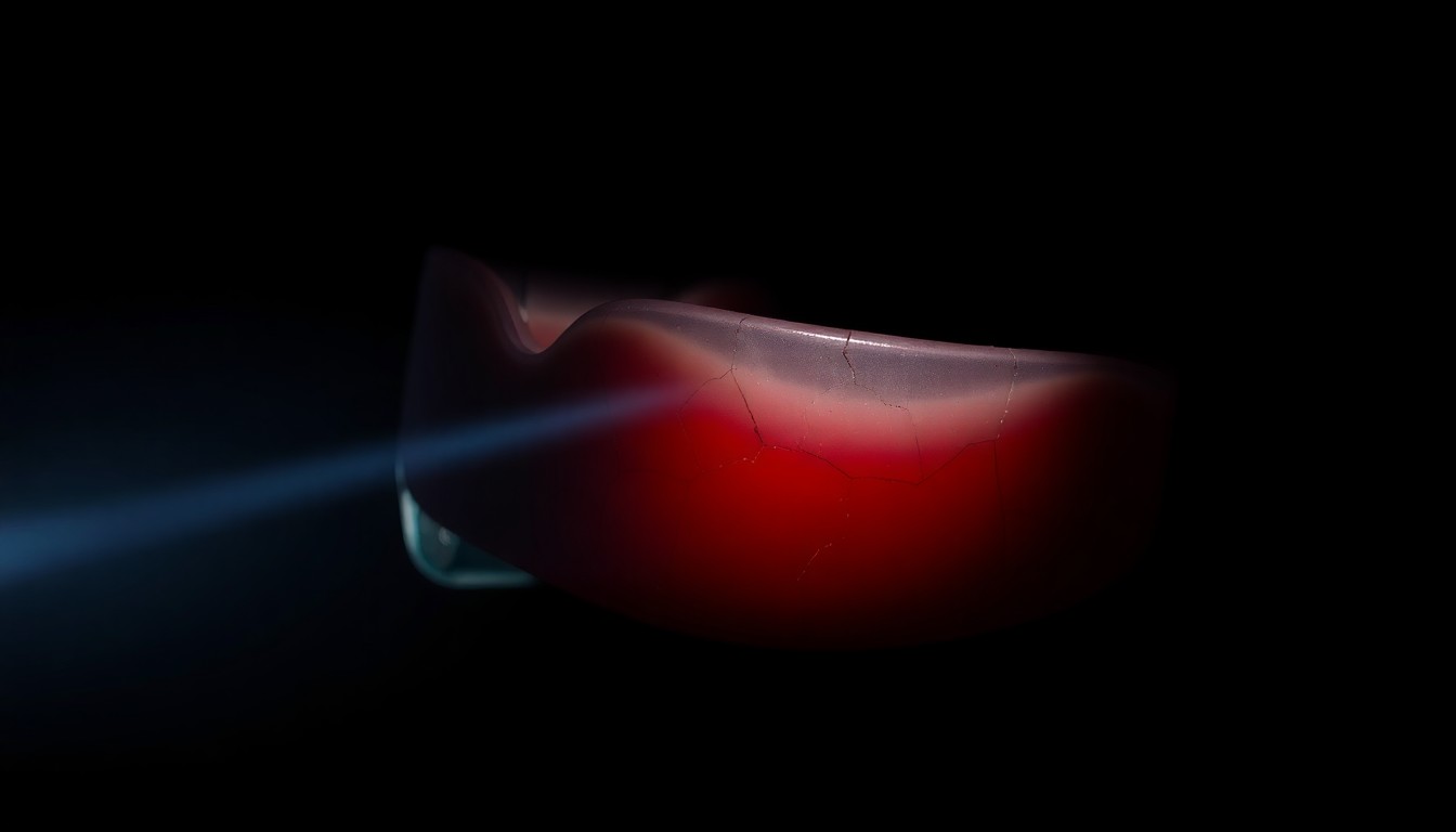 An extreme close-up photograph of a cracked and scuffed sports whistle, conveying a stark, gritty, and investigative aesthetic without depicting any violence.