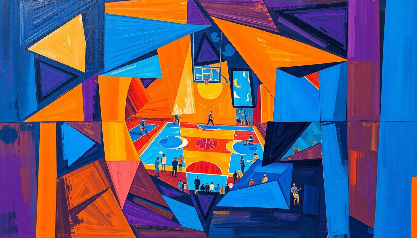 A cubist, geometric painting depicting a basketball game in motion, with sharp, overlapping planes of color representing the dynamic movements and energy of the sport.