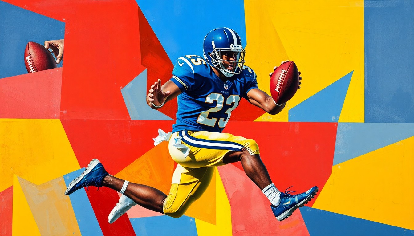A fragmented, geometric painting depicting a football player making a catch, with sharp planes of color and overlapping perspectives, conveying the complex risk-reward calculation the 49ers face in drafting the talented but injury-prone prospect Jordyn Tyson.