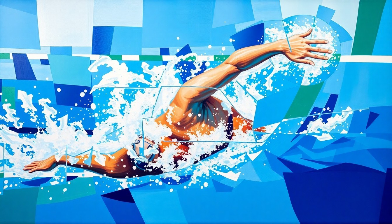 A fractured, geometric painting depicting the dynamic motion of a swimmer in the 200 IM event, with sharp planes of color and overlapping perspectives capturing the energy and speed of the race.