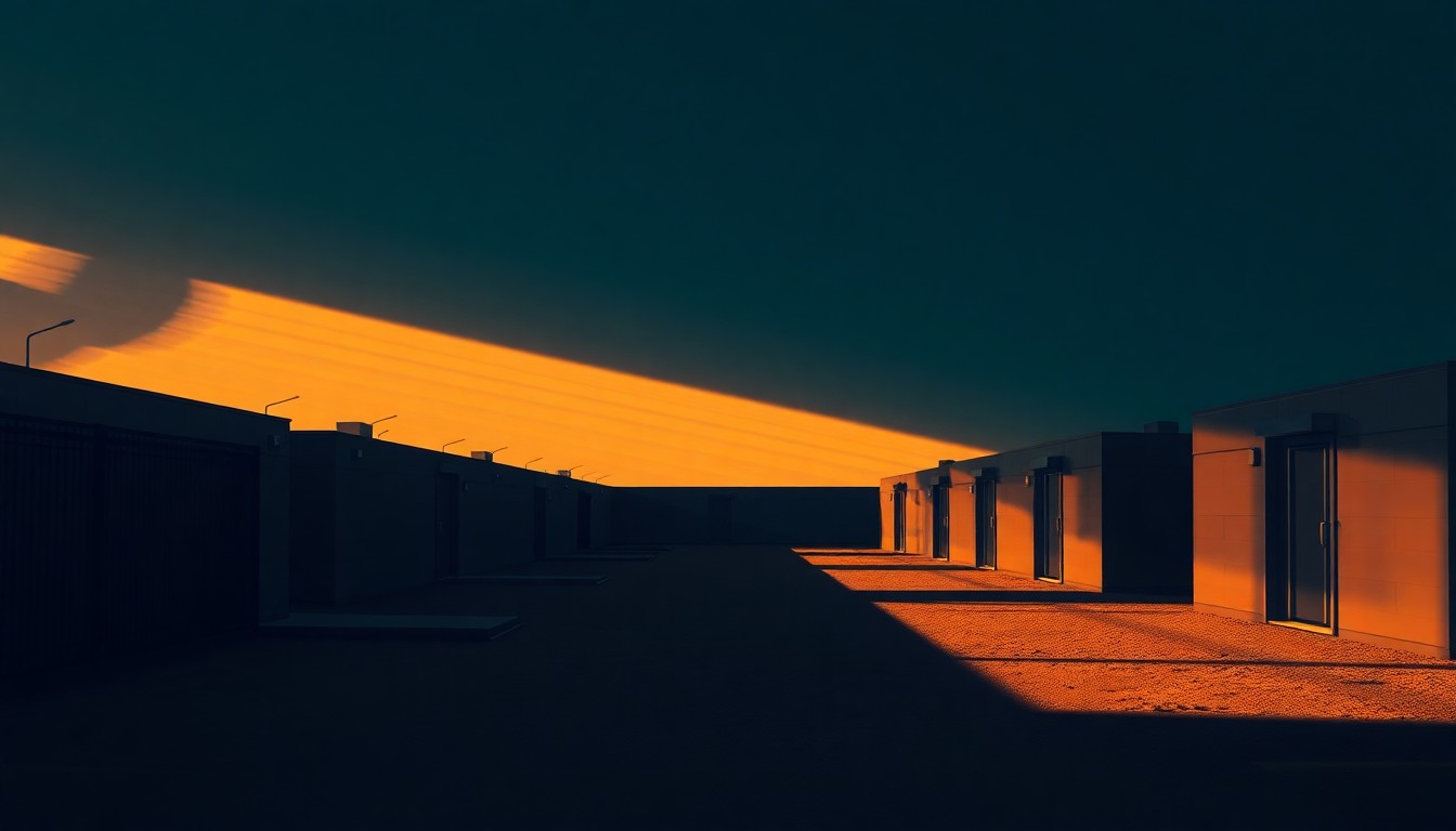 A detailed, photorealistic painting of a nondescript, gray concrete building with barred windows, set against a backdrop of warm, golden sunlight and deep shadows, conveying a sense of solitude and isolation.
