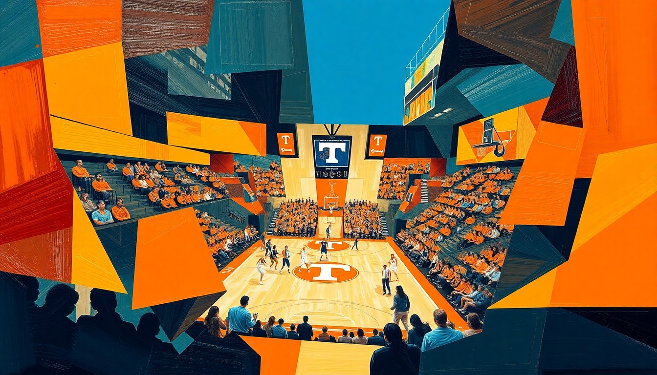 A fragmented, geometric painting in bright orange, white, and blue hues, depicting the dynamic movements and energy of a women's college basketball game in an abstract, deconstructed style.