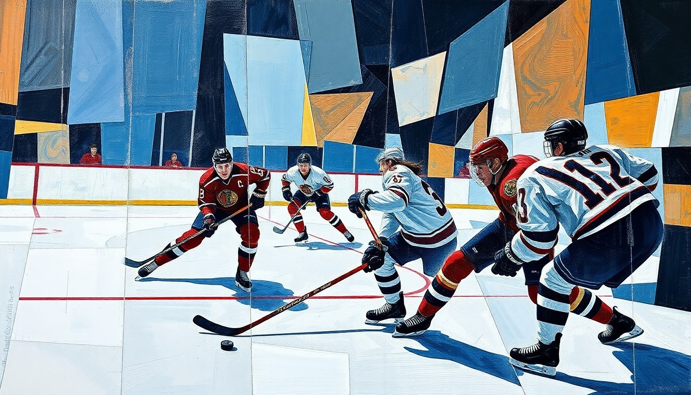 A cubist, geometric painting depicting a hockey game, with the players' forms broken down into abstract shapes and the puck and ice represented by intersecting lines, capturing the energy and movement of the sport in a deconstructed, multi-perspective style.