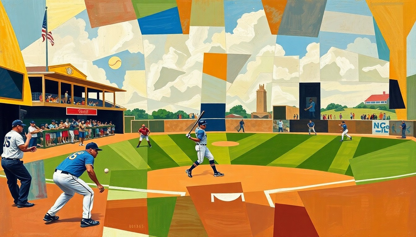 A fractured, multi-perspective painting depicting a softball game in a cubist, deconstructed style, with players and the field rendered as sharp, overlapping geometric planes that convey the dynamic action and energy of the sport.