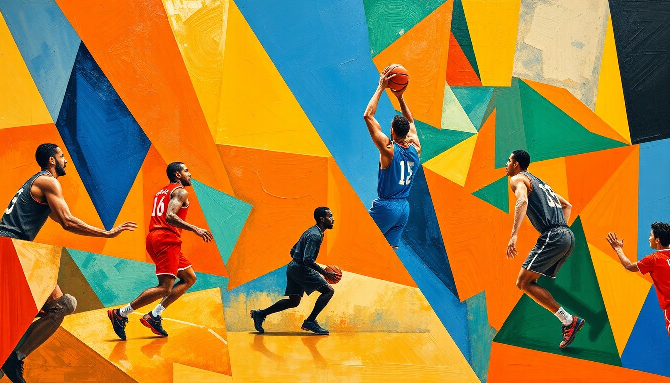 A cubist-inspired painting featuring overlapping geometric shapes in shades of orange, blue, and green, representing the fractured, multi-perspective nature of a college basketball game.