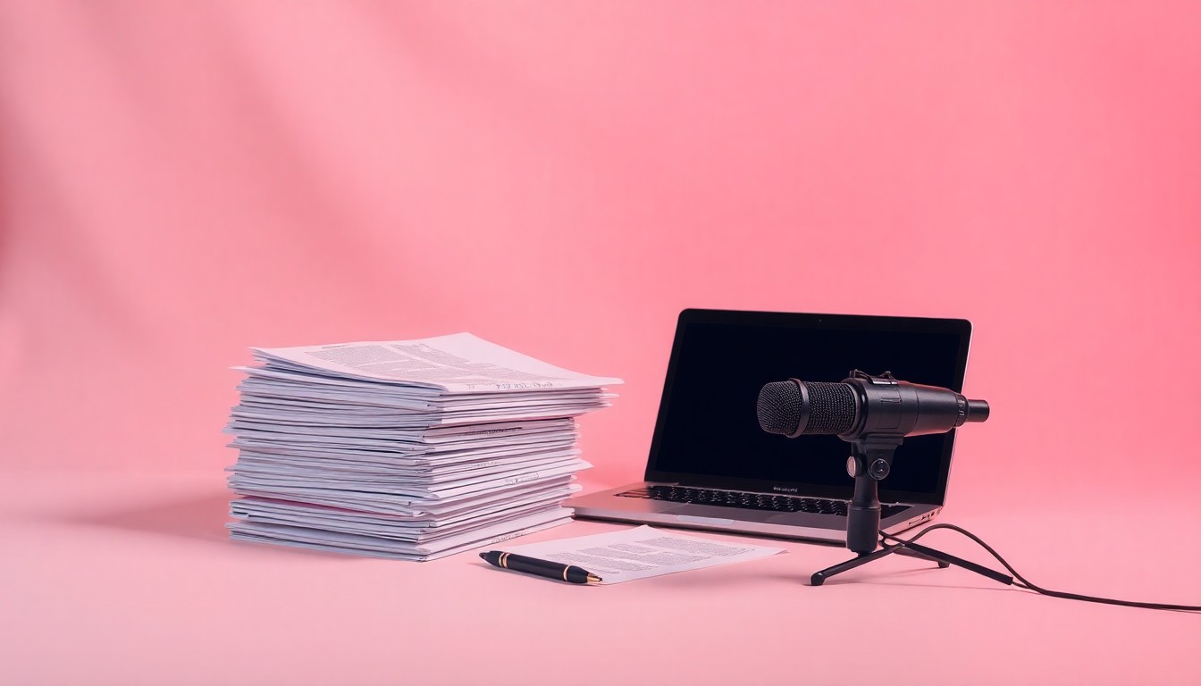 A minimalist studio still life photograph featuring a stack of news scripts, a laptop, and a microphone on a clean, monochromatic background, symbolizing the tools and tensions of modern news production.
