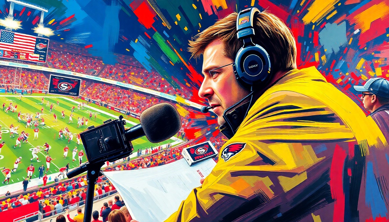 An abstract, expressionist painting in vibrant neon colors, capturing the emotional intensity and energy of a sideline reporter covering a live sporting event.