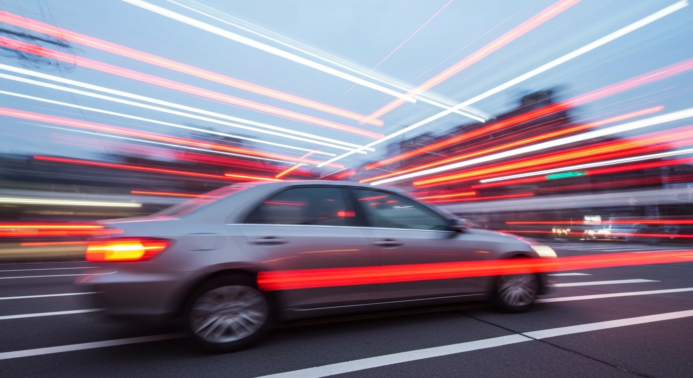 An abstract, blurred image of a car speeding through an intersection, with streaks of bright colors representing the motion and chaos of the scene.