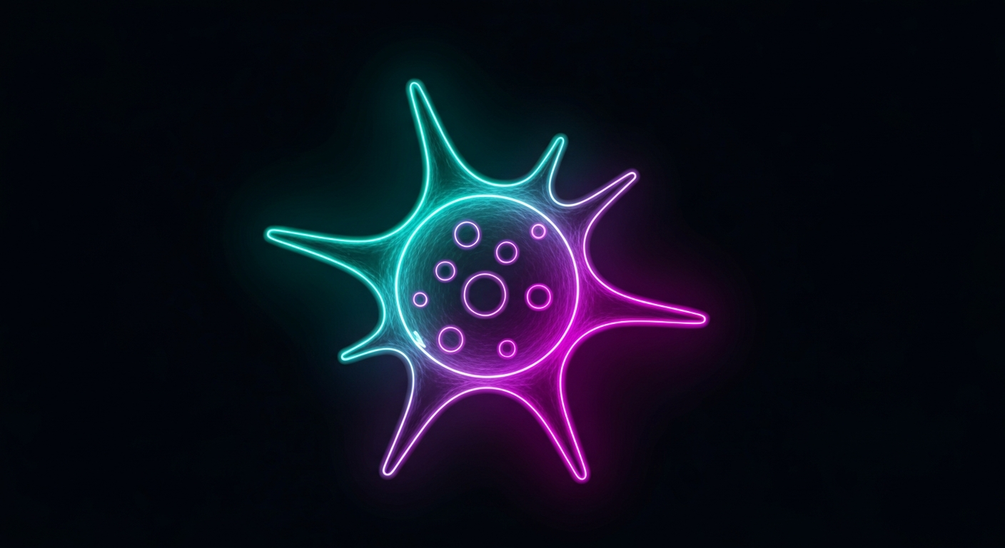 A minimalist design in the style of Keith Haring where a human immune cell is defined entirely by glowing, vibrant neon lines against a deep, dark background, emphasizing the shape and electrical energy of the cell's function.
