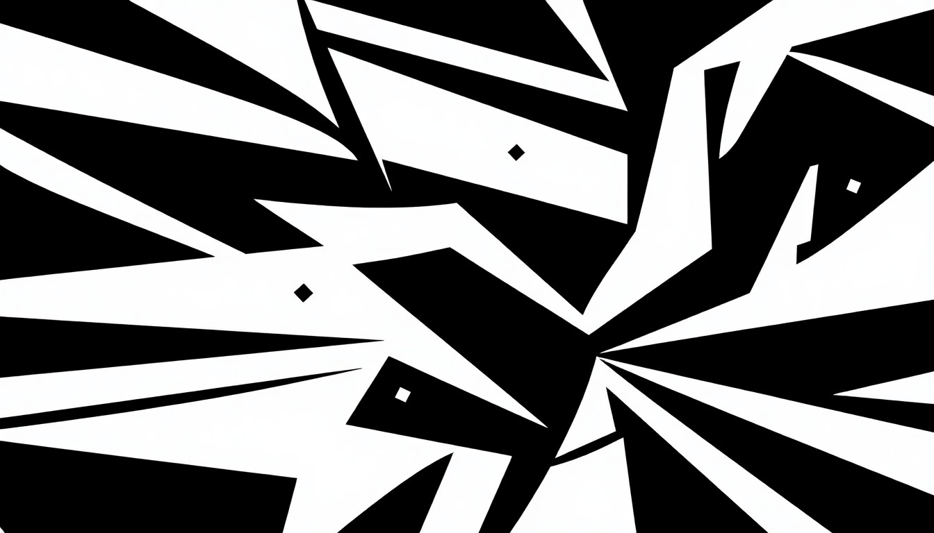 An abstract, minimalist illustration featuring sharp, angular black shapes against a stark white background, conveying the interconnected, puzzle-like nature of a sports trivia game.