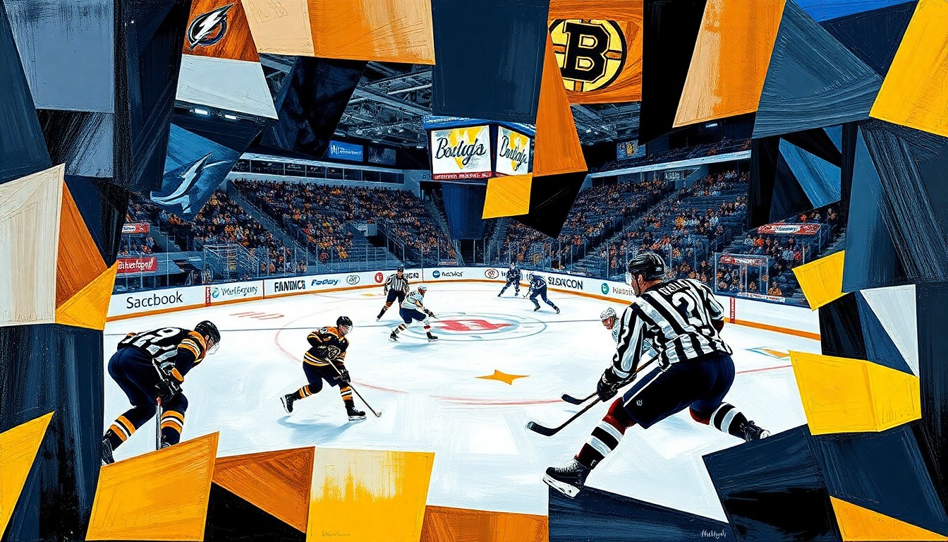 A cubist, geometric painting depicting a hockey game between the Boston Bruins and Tampa Bay Lightning, with sharp, overlapping planes capturing the intensity and movement of the players on the ice.