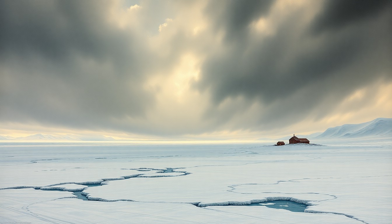 A sweeping, atmospheric landscape painting in muted tones of gray, blue, and white, capturing the overwhelming scale and power of an impending arctic storm, with any physical structures or objects barely visible in the vast, frozen expanse.