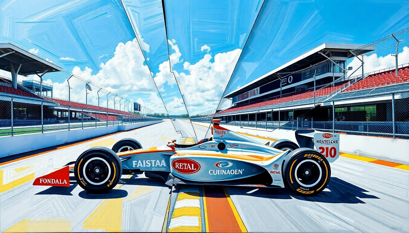 A cubist, geometric painting depicting an IndyCar racing around an oval track, with the car and track broken down into sharp, overlapping planes of color and form.