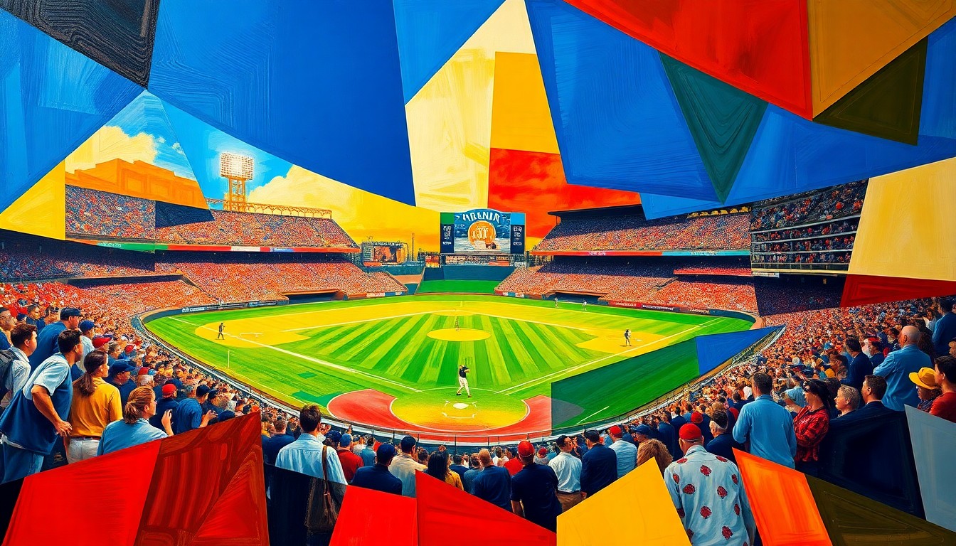 A cubist, geometric painting depicting a baseball game broken down into overlapping planes of vibrant colors, capturing the strategic complexity introduced by the new ABS system.