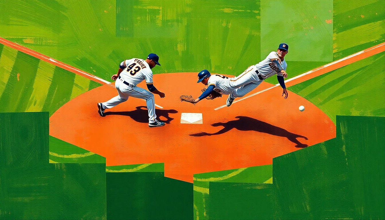 A cubist, geometric painting depicting the motion and energy of a baseball double play, with fragmented shapes and overlapping planes of green, brown, navy, white, and orange representing the field, players, and uniforms.