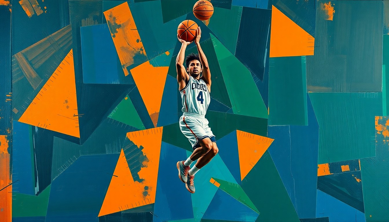 A cubist, geometric painting depicting a basketball player's jump shot broken down into sharp, overlapping planes of navy, green, and orange, conveying the abrupt end to Cooper Flagg's promising rookie campaign.