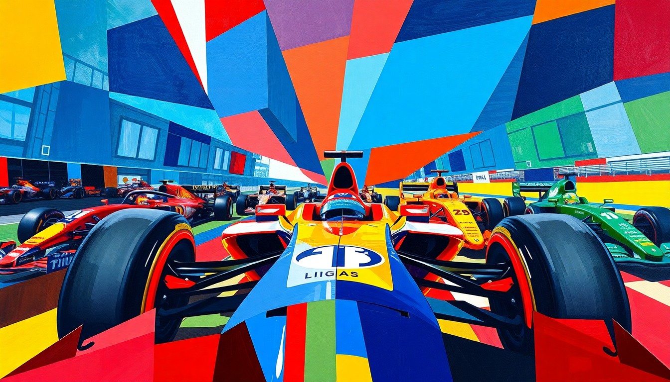 A cubist, geometric painting depicting a Formula 1 race, with sharp, overlapping planes of color representing the teams' official colors, conveying the sport's evolving approach to rule changes.