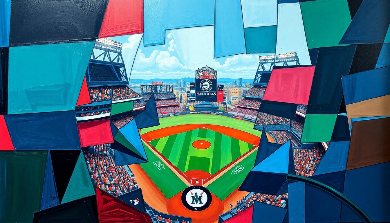 A fragmented, multi-angled painting in bold, contrasting colors depicting a baseball game in motion, with the players and field broken down into sharp, overlapping geometric shapes, conveying the complexity of the Mariners' early-season performance.