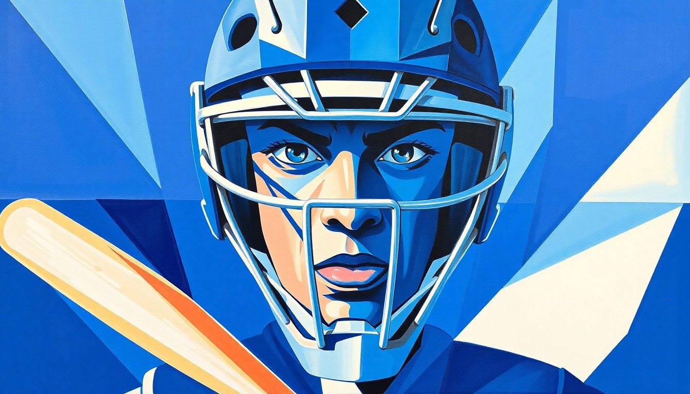 A fractured, cubist-style painting depicting a baseball catcher's gear and equipment, with sharp geometric shapes and planes in shades of blue, conceptually representing the competitive battle for the Royals' third catcher role.