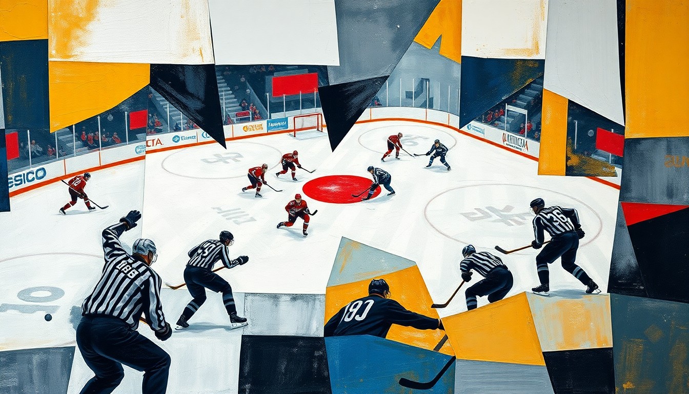 A cubist, geometric painting depicting a hockey game, with the players and ice broken down into abstract shapes and planes of color, capturing the dynamic energy of the sport.