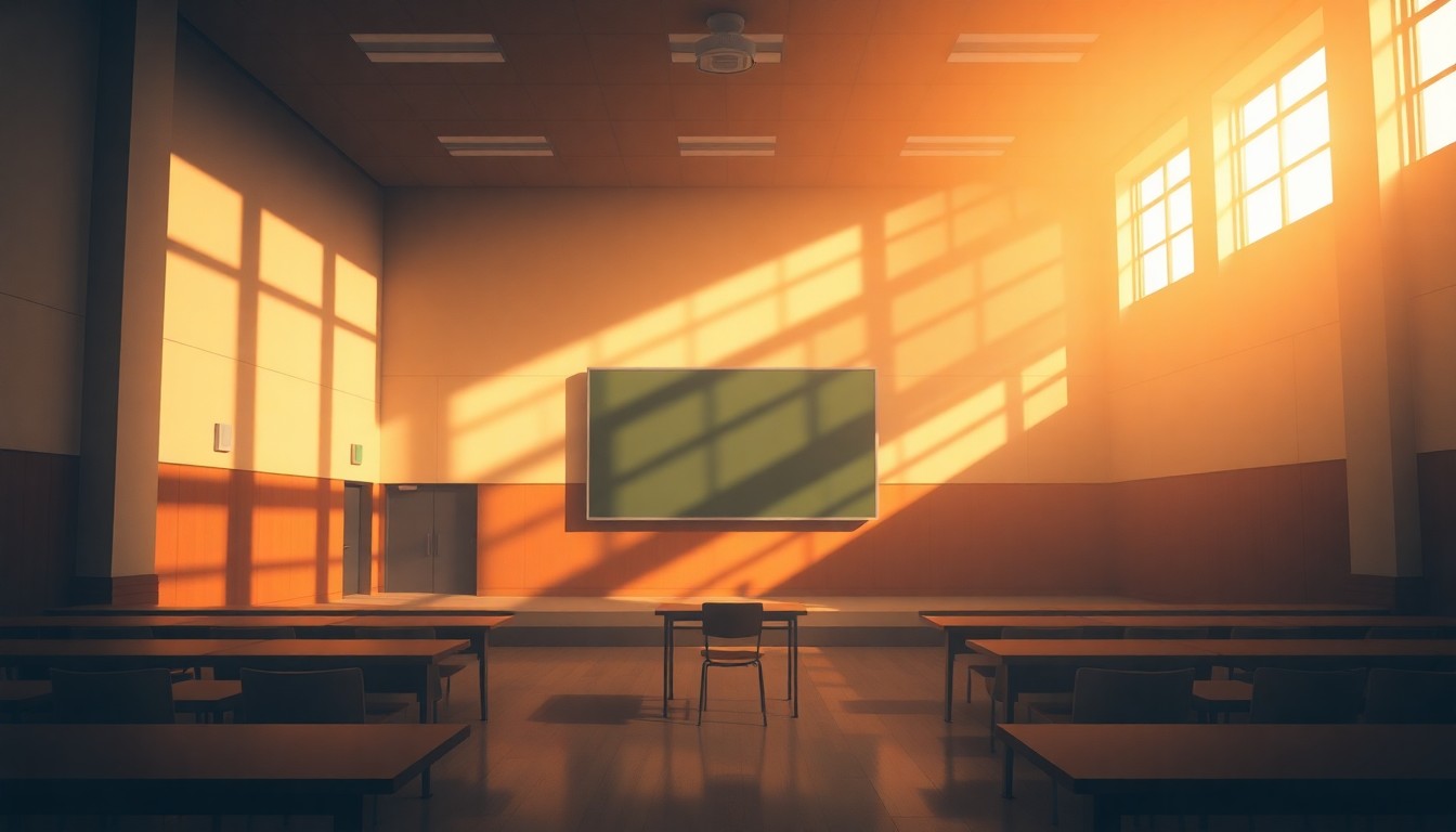 A serene, cinematic painting of an empty university lecture hall, with a single desk and chair illuminated by warm, diagonal sunlight and surrounded by deep shadows, conveying a sense of contemplation and the complex tensions at the heart of the Notre Dame controversy.