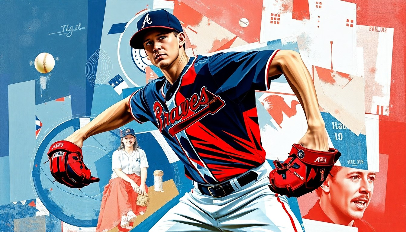 A cubist-style painting depicting a baseball pitcher's throwing motion broken down into overlapping geometric shapes and planes in the Braves' team colors of navy blue, red, and white.