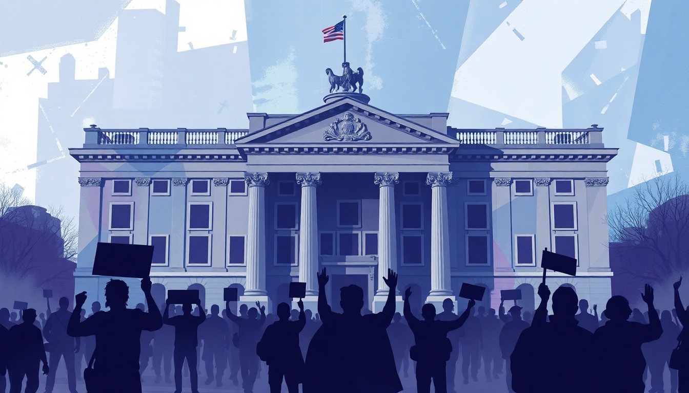 A dynamic, fragmented painting depicting the silhouettes of protesters gathered outside a city hall building, conveying the energy and urgency of the demonstration against the councilmember's controversial statements.