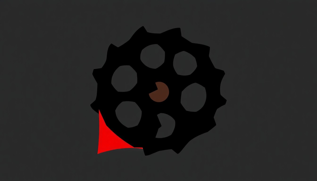 An abstract, minimalist composition featuring a stark, jagged black silhouette of a film reel or camera lens, symbolizing the controversy surrounding the title of the film 'Ghooskhor Pandat'.