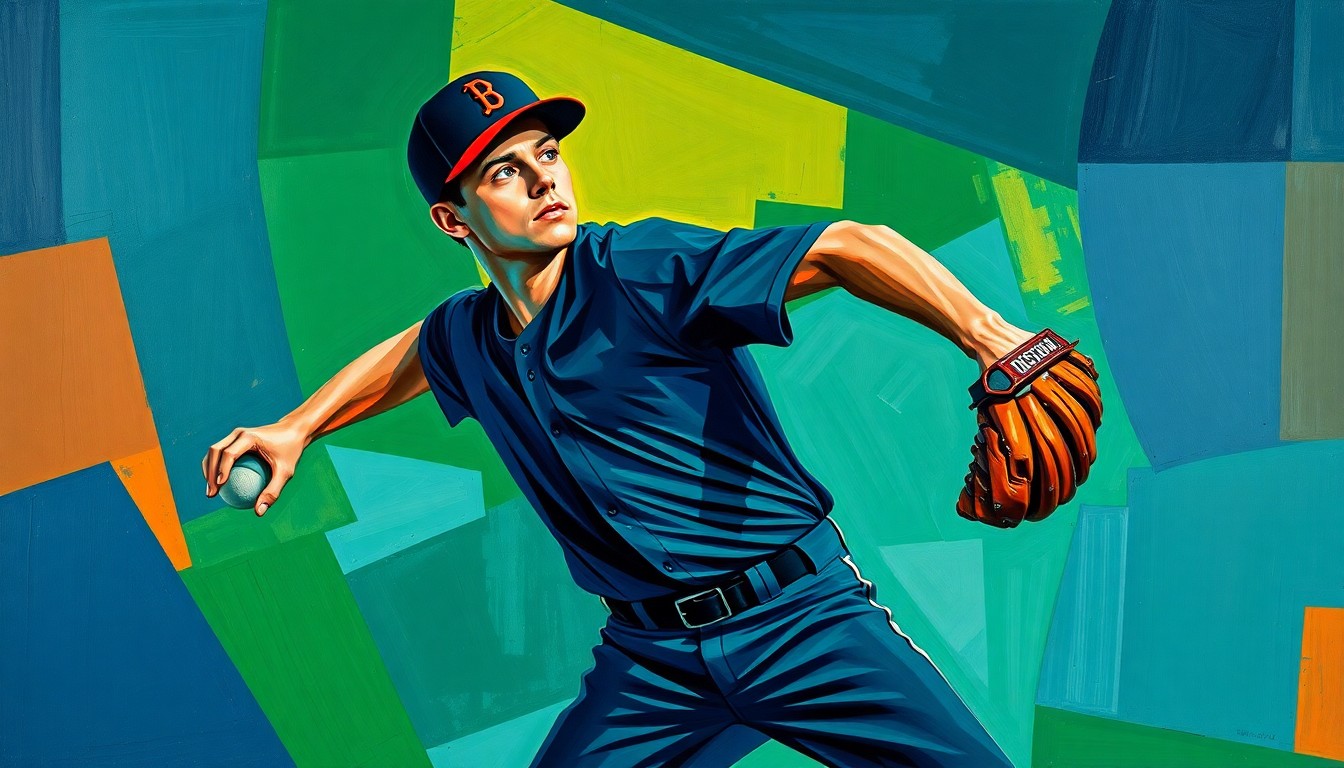 A cubist-style painting depicting a baseball pitcher's motion broken down into sharp, overlapping geometric shapes in navy blue, forest green, and burnt orange, conveying the turbulence of a struggling veteran reliever.
