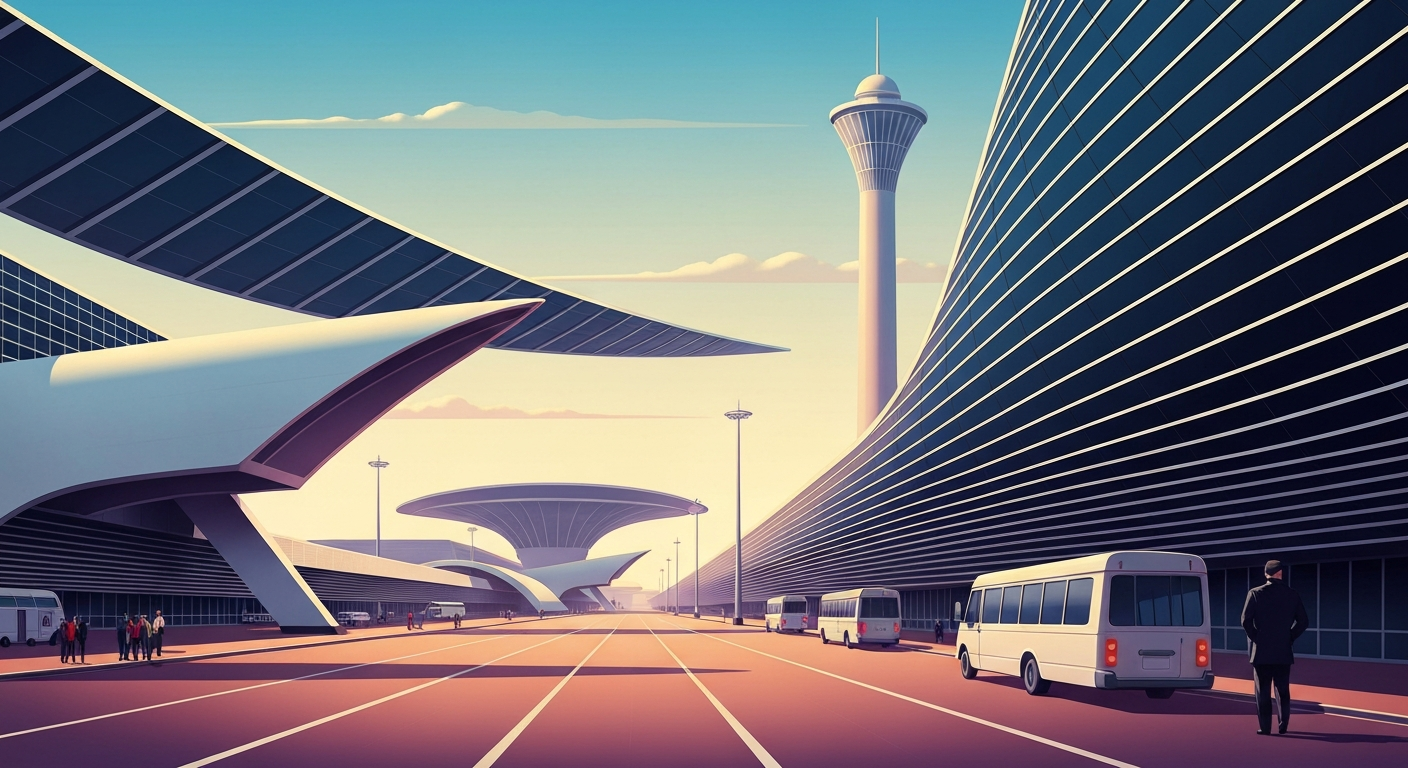 A bold, geometric illustration in the Art Deco style, depicting the towering architecture of a modern airport terminal against a backdrop of sweeping, airbrushed gradients, capturing the grand scale and complexity of air travel.