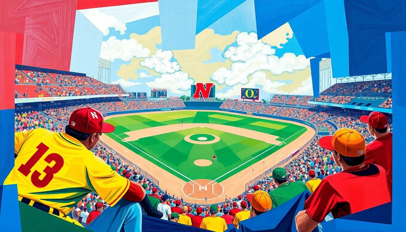 A cubist, multi-perspective painting featuring sharp, overlapping geometric shapes in vibrant red, blue, and yellow colors, conceptually representing the action and energy of a college baseball game.