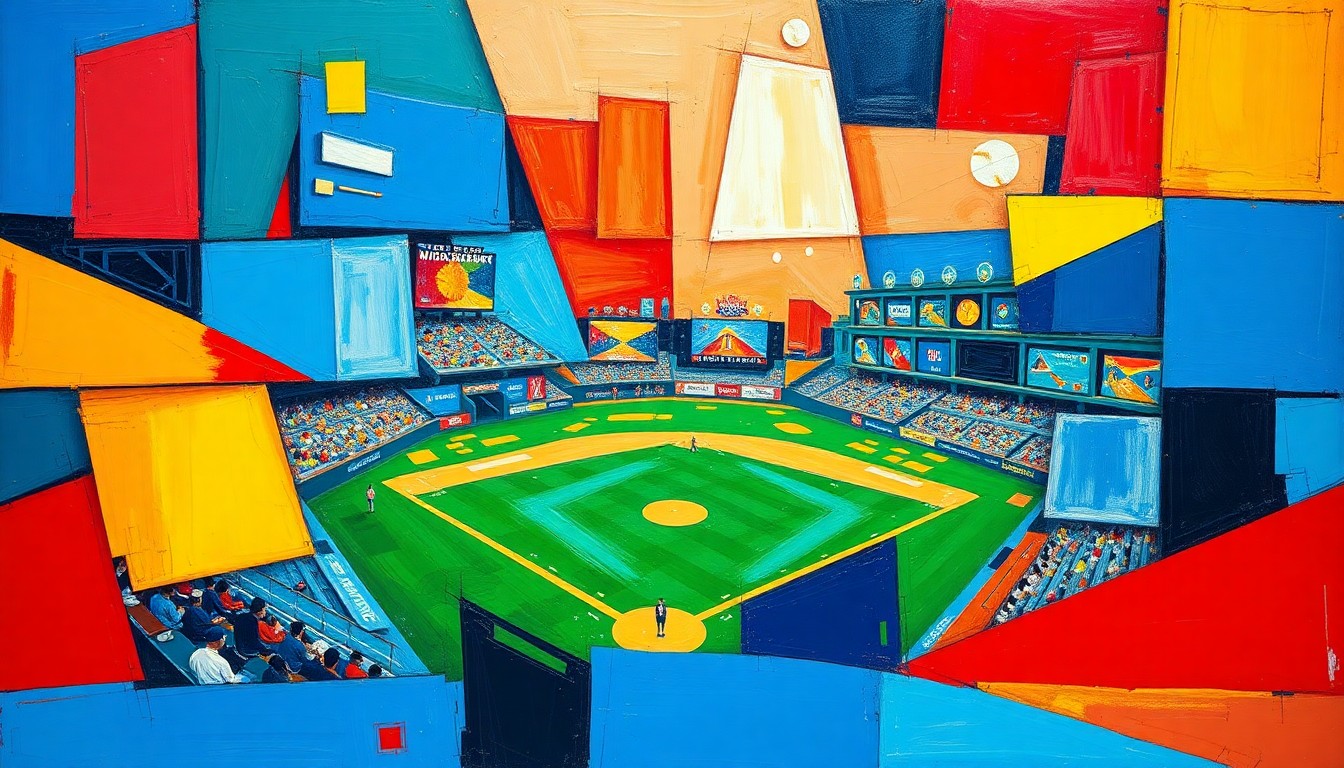 A cubist-style painting featuring overlapping geometric shapes and planes in vibrant colors, conceptually representing the strategic partnership between the Penner Sports Group and the Colorado Rockies baseball team.