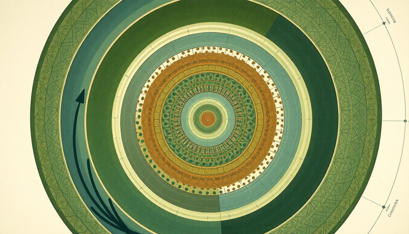 A highly structured abstract painting in soft, earthy tones of green, blue, and brown, featuring sweeping geometric arcs, concentric circular patterns, and precise botanical spirals. The composition resembles a massive, wordless scientific diagram visualizing the complex interplay of water, soil, and plant life in a precision agriculture system.