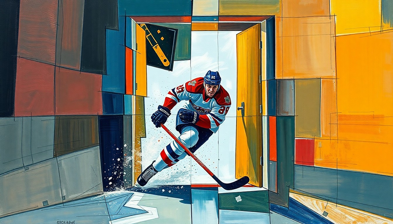 A fragmented, geometric painting depicting a hockey player in mid-crash with an open penalty box door, the scene broken down into sharp, overlapping planes of color that convey the chaotic and dangerous nature of the incident.